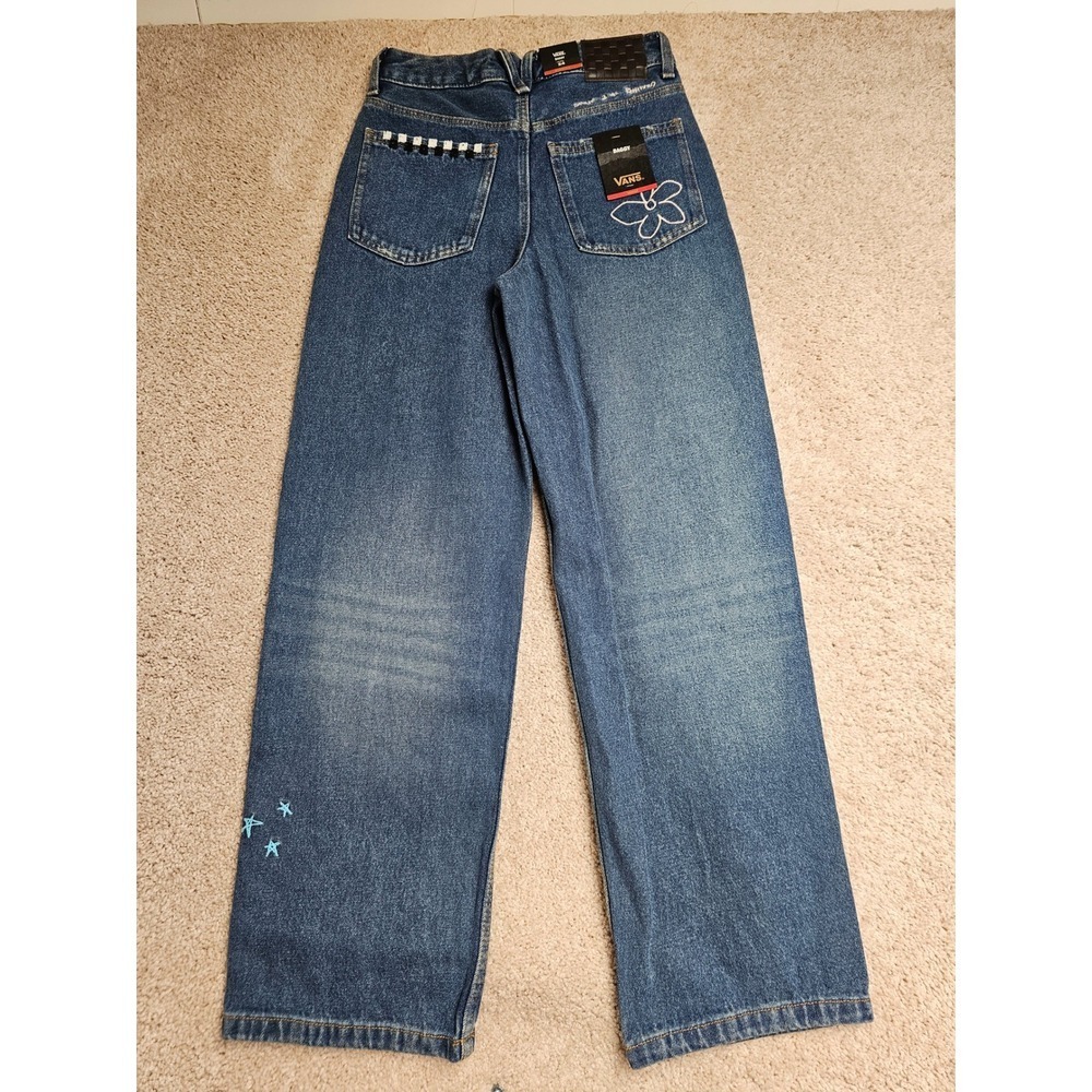 Vans Sirelle Baggy Fit Embroidered Jeans Medium Wash Blue Denim Size 24 NWT